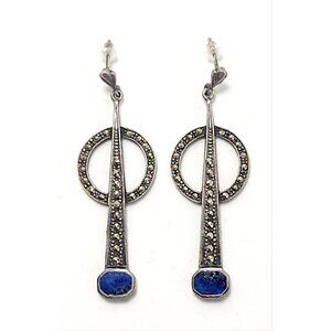 VTG Art Deco Revival Marcasite Sterling Silver 925 Blue Lapis Dangle Earrings 2"